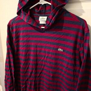 Lacoste Mens Striped Long Sleeve Hooded T-Shirt Navy Blue Burgundy Size 5 L